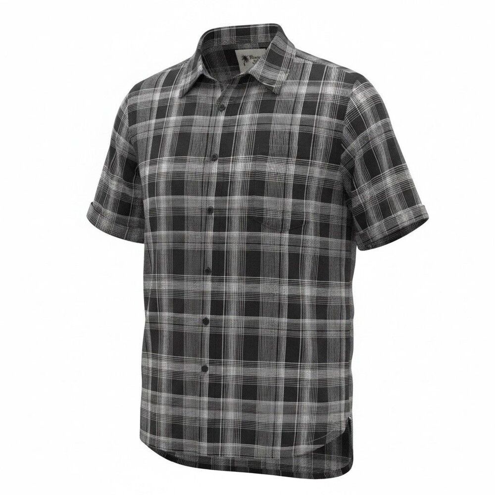 Vintage Silk Circa 1969 Shirt Mens L 100%-Silk Black Short Sleeve Plaid Pocket